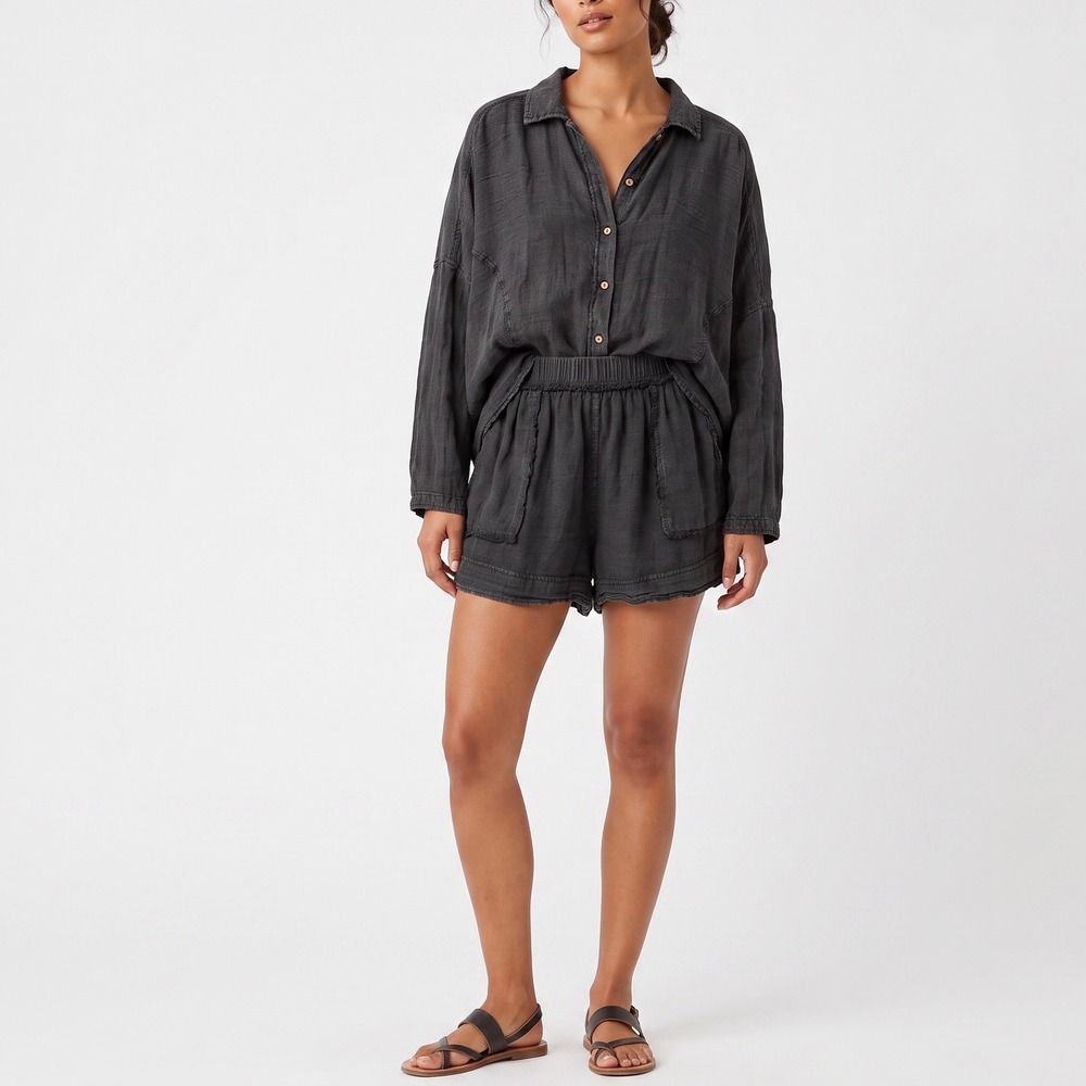 Free People Lounge Set Womens S Washed Black Cotton Gauze Button-Down Excellent